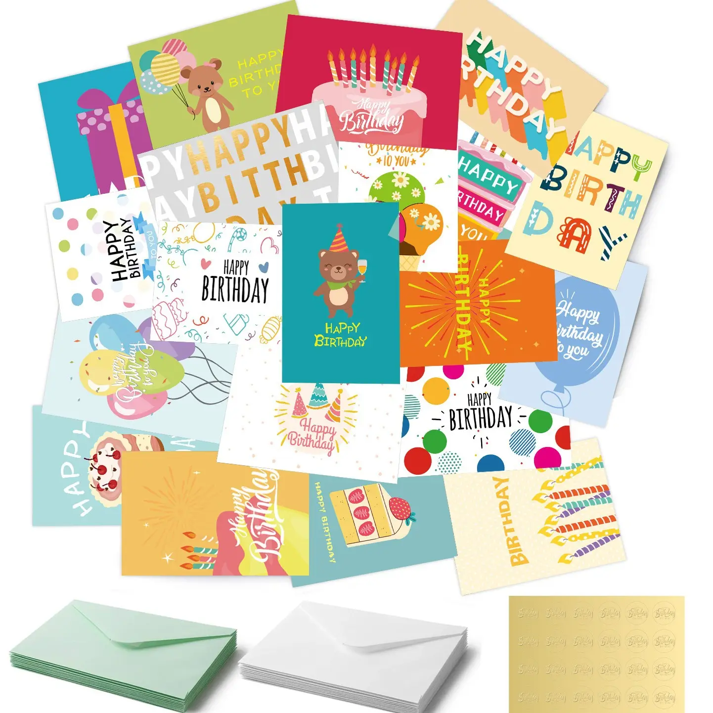 24 tarjetas de cumpleaños DIY de estilo Ins con sobres en blanco dentro de tarjetas de cumpleaños para niños Paquete de tarjetas de cumpleaños surtidas