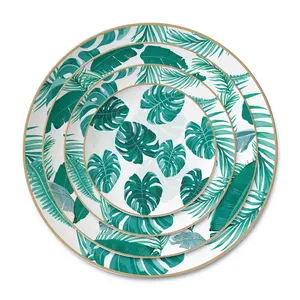 Utensilios de cocina de hueso de china, placa de hojas de palma, vajilla de alta calidad, diseño verde, placa de cerámica de china, 4 Uds., venta al por mayor - Product Image 1