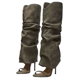 Botas altas de verano con punta abierta para mujer, sandalias con parte superior plisada, zapatos de tacón alto, botines largos con corte en V y una sola tira - Product Image 2