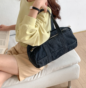 Blue large capacity travel lightweight <b>canvas</b> cylindrical outdoor <b>bag</b> denim fabric women's shoulder <b>bag</b> shopping <b>bag</b> - Product Image 4