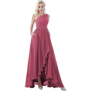 Abito da damigella monospalla da sposa con tasche lunghe Chiffon alto e basso stile stile formale Premium abito da sposa - Product Image 6