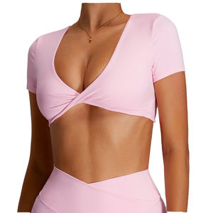 Nouveau crop top populaire à col en V, dos nu, sans coutures, en Spandex/Nylon, avec impression par transfert thermique, à manches courtes, pour la course, le sport et les activités de plein air - Product Image 1