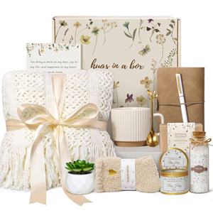 Panier-cadeau de luxe en tricot avec pompons pour la fête des Mères, coffret de soins chaleureux avec couverture et kit <span class=keywords><strong>spa</strong></span>, cadeaux uniques pour prendre soin de soi pour maman - Product Image 1