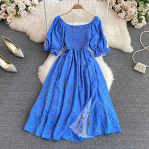 Vestido Casual Floral de Manga Corta Maxfree para Mujer, Vestido Midi con Mangas Abullonadas y Cintura Alta, Vestidos Dulces para Chicas - Product Image 6