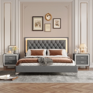 In Stock 3-Pieces Bedroom Sets <b>Queen</b> <b>Size</b> Gray Upholstered Platform <b>Bed</b> with LED Lights and Two Nightstands - Product Image 1