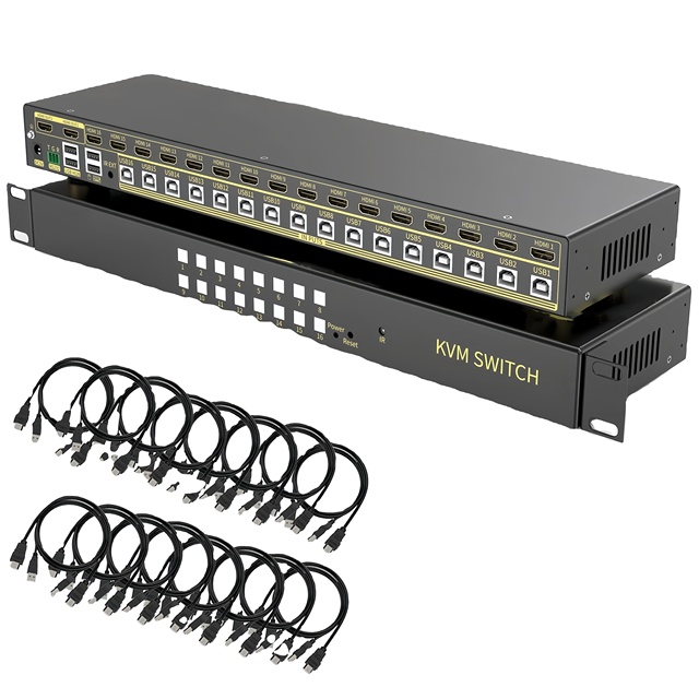 CARATAR KV0017 16 Port V2.0  KVM Switch Black Supports Hotkeys Swapping 4K#60Hz CE/FCC/ROHS Certified 12-Month Warranty