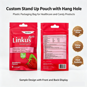 Bolsa de Embalaje de Plástico con Cierre Hermético y Orificio para Colgar, Impresa Personalizada, para Dulces, Pastillas y Productos para el Cuidado de la Salud - Product Image 1