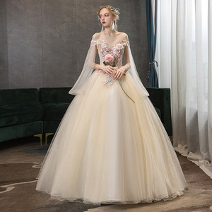 Off Shoulder Champagne Color Long Evening Gown Women's Stage Performance Dress With Puffy Skirt For Vocal Arts Choir Folk Songs - Product Image 2