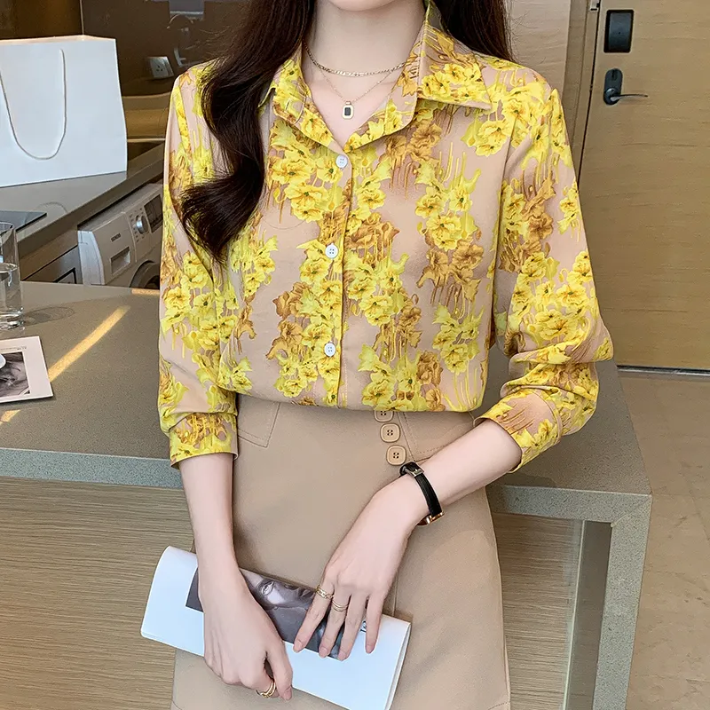 Women's Floral Chiffon Shirt with Button Decoration Loose Office Blouse Tops Spring Summer Autumn Streetwear Style-Blusas Mujer