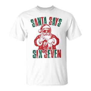 Camiseta navideña con estampado rojo y verde de Santa Says Six Seven, diseño festivo - Product Image 1