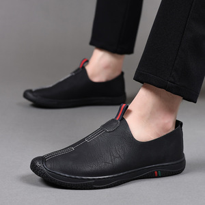 Mocassins en cuir pour hommes à enfiler, bout rond, semelle en caoutchouc respirante, chaussures d'été pour la conduite, couleur unie avec motif à rayures - Product Image 1