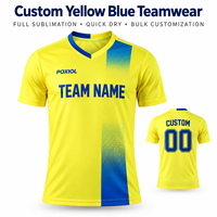 Maillot de football personnalisé à col en V, dégradé jaune-bleu, à pixels, entièrement sublimé, séchage rapide, pour équipes de ligues locales, vente en gros
