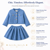 Ensemble Veste en Tweed et Jupe Plissée pour Filles 2026 – Manteau Bleu en Polyester à Manches Longues – Tenue Élégante pour Enfants pour Fêtes et École – Vente en Gros