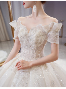 Une ligne épaule principale <span class=keywords><strong>robe</strong></span> <span class=keywords><strong>de</strong></span> <span class=keywords><strong>mariée</strong></span> 2024 nouvelle <span class=keywords><strong>mariée</strong></span> tempérament <span class=keywords><strong>princesse</strong></span> vent ciel étoilé traînant femmes enceintes petit - Product Image 3