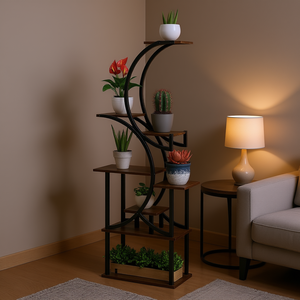 Support à plantes moderne en forme de S à 8 niveaux, en bois et fer, autoportant, étagère de présentation intérieure pour le coin du salon - Product Image 2