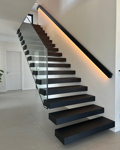 Hiện đại trong nhà màu đen sơn rắn gỗ thẳng cầu thang nổi cầu thang với màu đen bằng gỗ LED ánh sáng lan can - Product Image 1