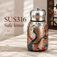 Botol Vakum Saku Baja Tahan Karat 316 Gaya Amerika 300ml Motif Kupu-kupu Merak Emas Cetak 5D Botol Air Terisolasi Dapat Dilipat