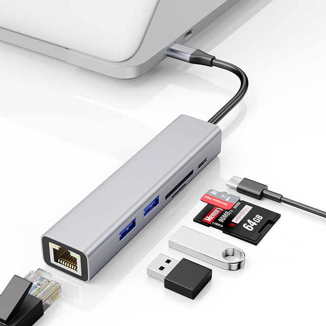 Factory Wholesale USB Hub 6 in 1 hdmi Hub USB C to 2USB3.0 PD Fast Charge SD/TF Card Reader RJ45(1000Mbps) Hub Docking Station