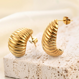 <b>Stud</b> <b>Earrings</b> 13MM 18K Gold Plated Teardrop Shape Oval Design Stainless Steel Ear Post Fashion Jewelry - Product Image 1