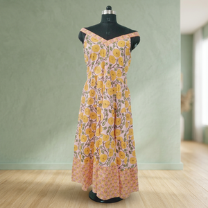 Vestido con Volantes, Cuello en V, Estampado Floral, Informal, de Algodón, Estilo Bohemio, Largo hasta el Suelo, Corte en A, Forro Natural Ecológico, Lavable, para Vacaciones - Product Image 3