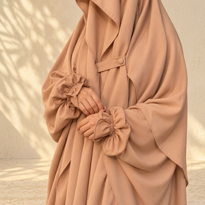 Mishkat Couture Camel Beige <b>Chiffon</b> <b>Maxi</b> Length Neck Long <b>Sleeve</b> Abaya Full Face Veil Ruffle Cuffs for Women Hajj Custom Colors - Product Image 1