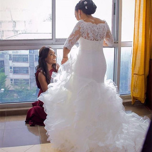 White Off Shoulder Lace Mermaid Wedding Dress Long Sleeve Ruffles Natural Waistline 2026 Factory Direct Stock - Product Image 3