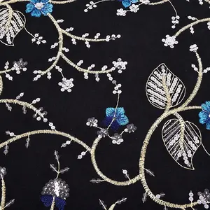 Luxury Custom Design Viscose Nylon Gold Sequin Fabric Embroidery Flower Fabric For Dress