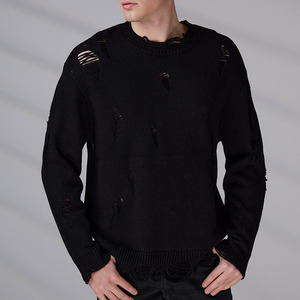 Streetwear Knitwear Manufacturers OEM/ODM Winter Long Sleeve Casual Men Distressed Ripped Crew Neck Knit Sweater - Product Image 4