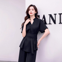 Tenue de travail haut de gamme pour styliste de salon de beauté, ensemble deux pièces noir style coréen, anti-rides, en velours polyester élasthanne, élégant avec dentelle