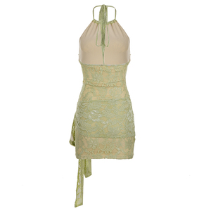 เดรสทรงบอดี้คอนแบบผูกคอ - เดรสสายเดี่ยวแต่งลูกไม้สุดหรูพร้อมผูกด้านข้างและผ้าซีทรู ชุดเดรสยาวปานกลางสุดเซ็กซี่และเก๋ไก๋ - Product Image 6