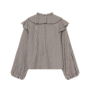 Blusa de Moda Casual para Mujer, Cuello Redondo, Estampado a Cuadros, Color Blanco y Negro, con Cordones, Manga Larga, <span class=keywords><strong>Volantes</strong></span> Delanteros - Product Image 2