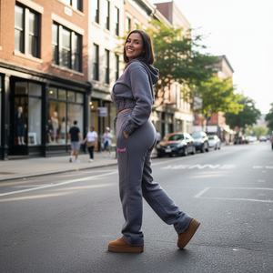 Kurzer Kapuzenpullover mit Reißverschluss und Jogginghose Set mit Individuellem Puffdruck – 2-Teiliges Damen-Sportoutfit - Product Image 1