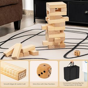 Jouet en bois de culbutage 54 pièces jeu d'empilage de blocs en bois de pin sac de transport, dés attachés, bord incurvé, jeu de tour de cour convient - Product Image 5