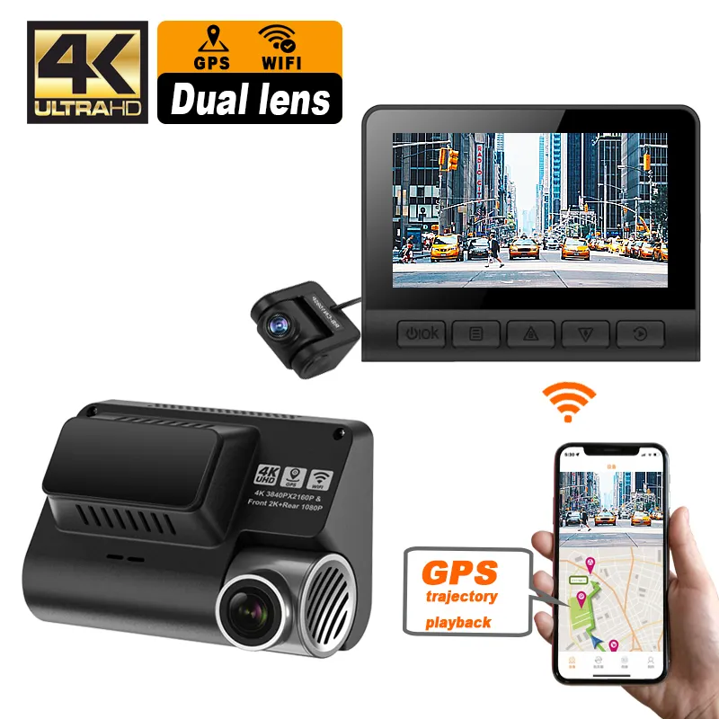 Tela IPS de 2.0 polegadas 4K + 1080P câmera de vídeo com lente dupla frontal e traseira para carro, dVR, wi-fi, GPS, 4K, câmera de vídeo com traço duplo