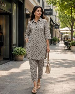 Ensemble coordonné élégant en rayonne à imprimé bloc avec col, en tissu rayonne doux, coupe décontractée, tenue assortie confortable et parfaite - Product Image 2