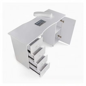 โต๊ะทำเล็บโค้งสีขาวพร้อมลิ้นชักและชั้นวางของสำหรับร้านเสริมสวย - Product Image 5