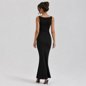Robe longue sans manches pour femme, à volants superposés en dentelle, couleur unie, extensible, coupe ajustée, décontractée, taille naturelle, silhouette crayon - Product Image 3