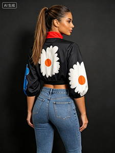 Chaqueta corta con estampado floral para mujer, chaqueta bomber corta con cuello alto y manga abullonada 3/4 - Product Image 3
