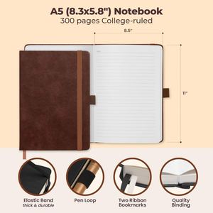 สมุดบันทึกปกหนังหุ้มอย่างดี ขนาด A5 สีน้ำตาล 5.8x8.3 นิ้ว หนา 300 หน้า แบบเส้นบรรทัด สำหรับผู้ชาย ผู้หญิง ใช้ส่วนตัว - Product Image 3