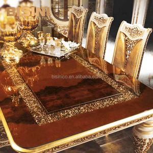 Table à manger longue plaquée or de style palais impérial royal avec 6 chaises pour salle à manger de villa - Product Image 5