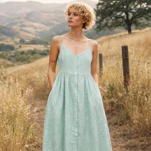 Abito Casual <span class=keywords><strong>in</strong></span> Puro Lino su Misura per Signore <span class=keywords><strong>in</strong></span> Verde Chiaro con Strisce e Collo all'Americana Abito Casual ed Elegante per Signore - Product Image 1