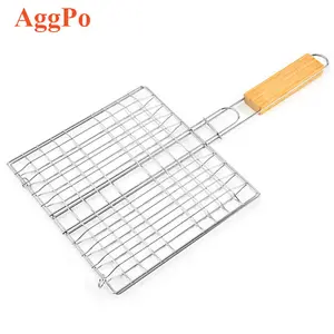 Portátil Parrilla de acero inoxidable cestas extraíble con mango de madera para pescado verduras carne camarones. Carne y en - Product Image 1