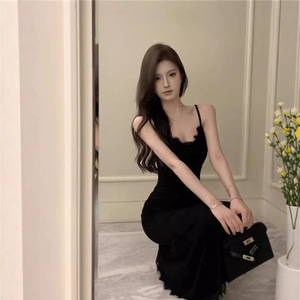 Black Lace Slip Dress Sweetheart Neckline Bodycon Long Skirt With Slit Evening Dress - Product Image 2