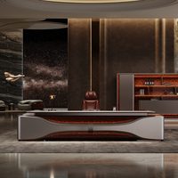 Mesa de Juntas Grande de 3.6M, Escritorio para CEO, Cristal Glaseado, Madera Natural de Burl, MDF E1, Centro de Energía Eléctrico, Muebles Ejecutivos