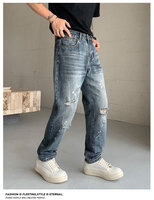 Jean large SAG American High Street pour homme, nouveau modèle décontracté coupe droite avec trous, effet barbe de chat, délavé et rivets