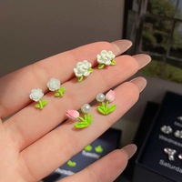 Joyeros Por Mayor Sommerliche Blumen-Herz-Ohrstecker Damen Verlobungs-Party Geschenkset Wolfram Koreanischer Stil 925 Silber Plattiert