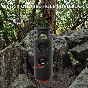 Penutup Tali Plastik DS Black ABS POM Double 2-Hole <span class=keywords><strong>Cord</strong></span> Lock 4mm, Penghenti Tali untuk Tas, Tali Pakaian, 24x9x6.5mm, Bebas Nikel - Product Image 2