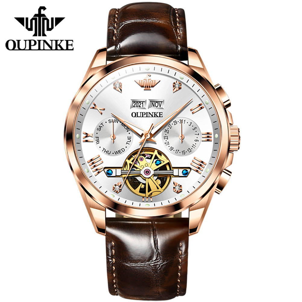 Oupinke 3186 Men's Watch - Green Dial, Luxury Leather Band