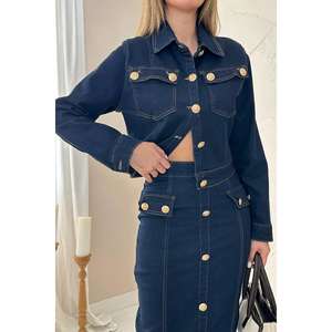 Conjunto de Mujer de Mezclilla Azul Marino al por Mayor, Manga Larga, con Abertura, Transpirable, con Lycra - Product Image 3