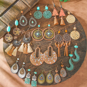 Boucles d'oreilles pendantes bohèmes en alliage, motif géométrique, plaqué cuivre antique, ensemble de boucles d'oreilles pendantes tendance pour femmes - Product Image 1
